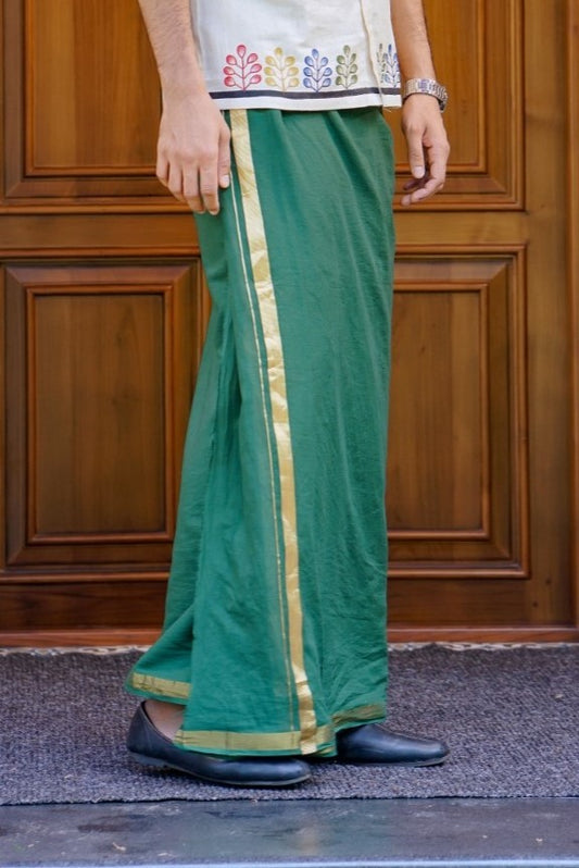 Dyed Kerala Kasavu Mundu / Dhothi in Bottle Green Shade