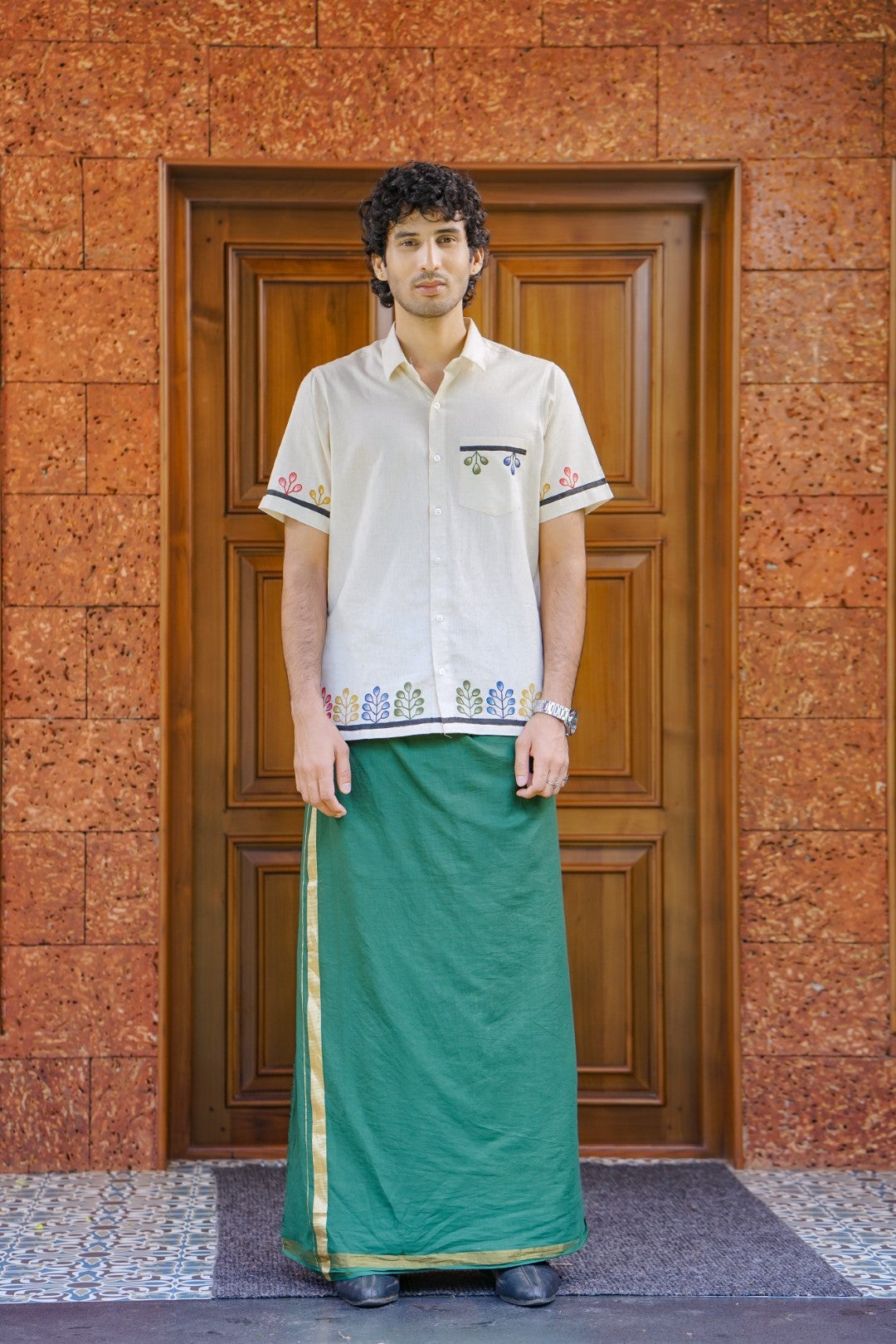 Dyed Kerala Kasavu Mundu / Dhothi in Bottle Green Shade