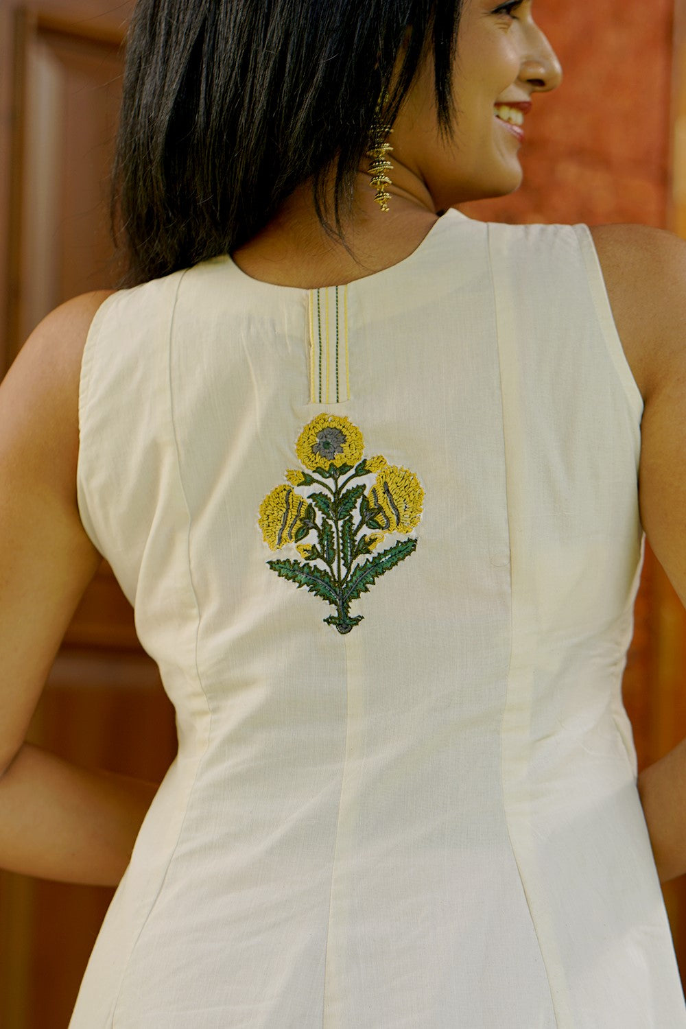 Off White Panel Dress with Mogra Applique