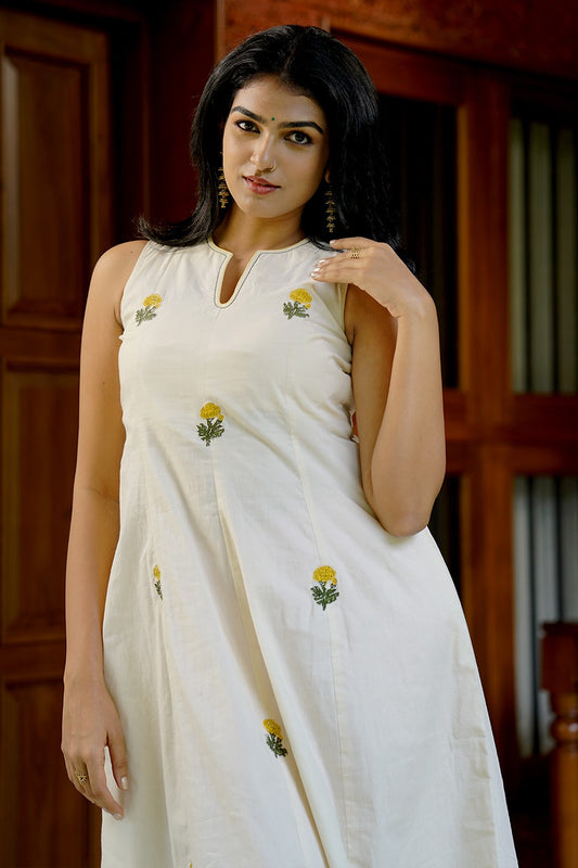 Off White Panel Dress with Mogra Applique