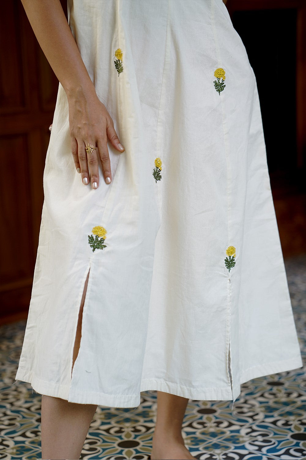 Off White Panel Dress with Mogra Applique