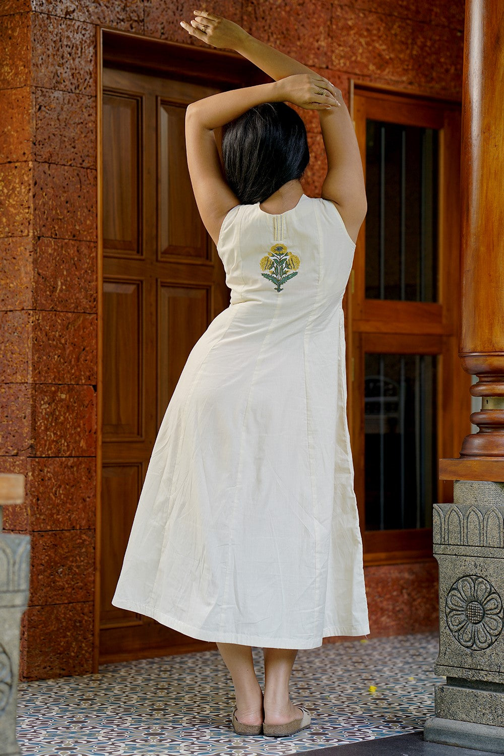 Off White Panel Dress with Mogra Applique
