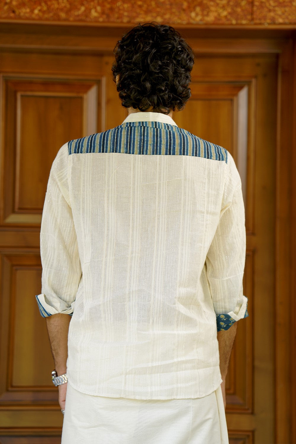Off White Chinese Collar Yoke Print Shirt