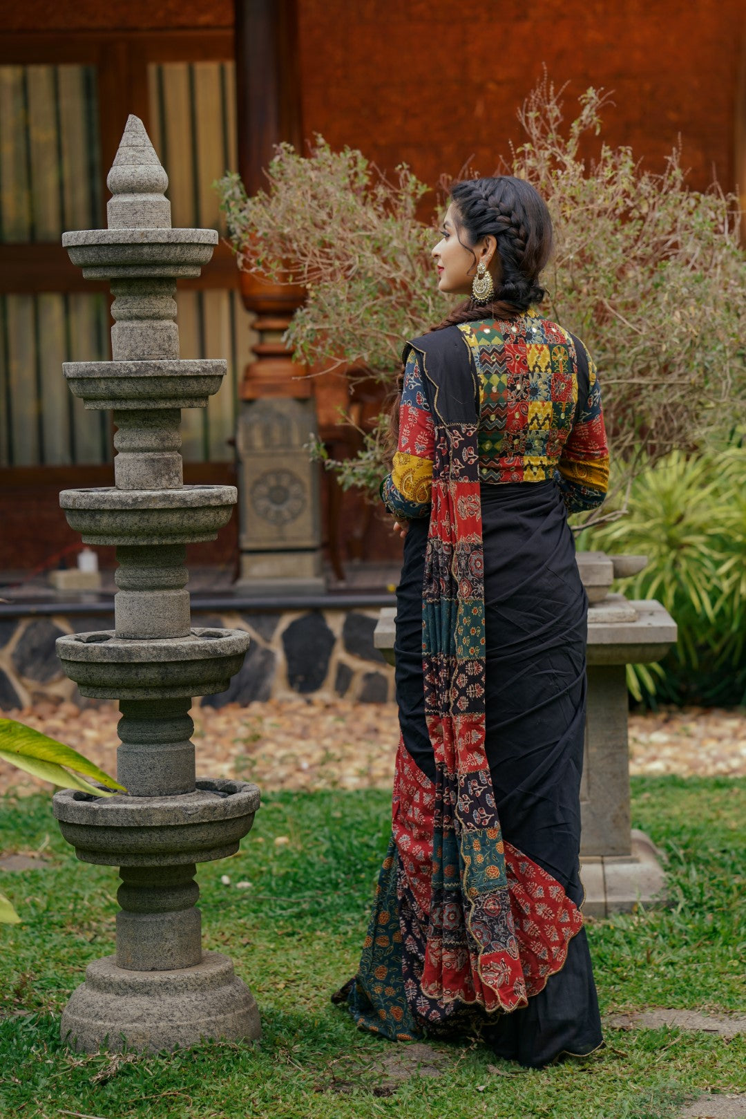 Black Mulcotton Scallope Saree with Multi Patch Pleates