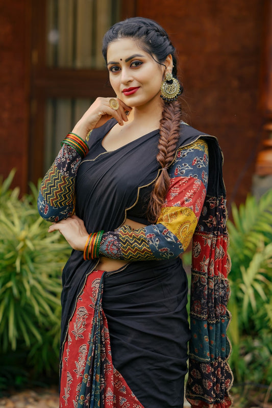 Black Mulcotton Scallope Saree with Multi Patch Pleats