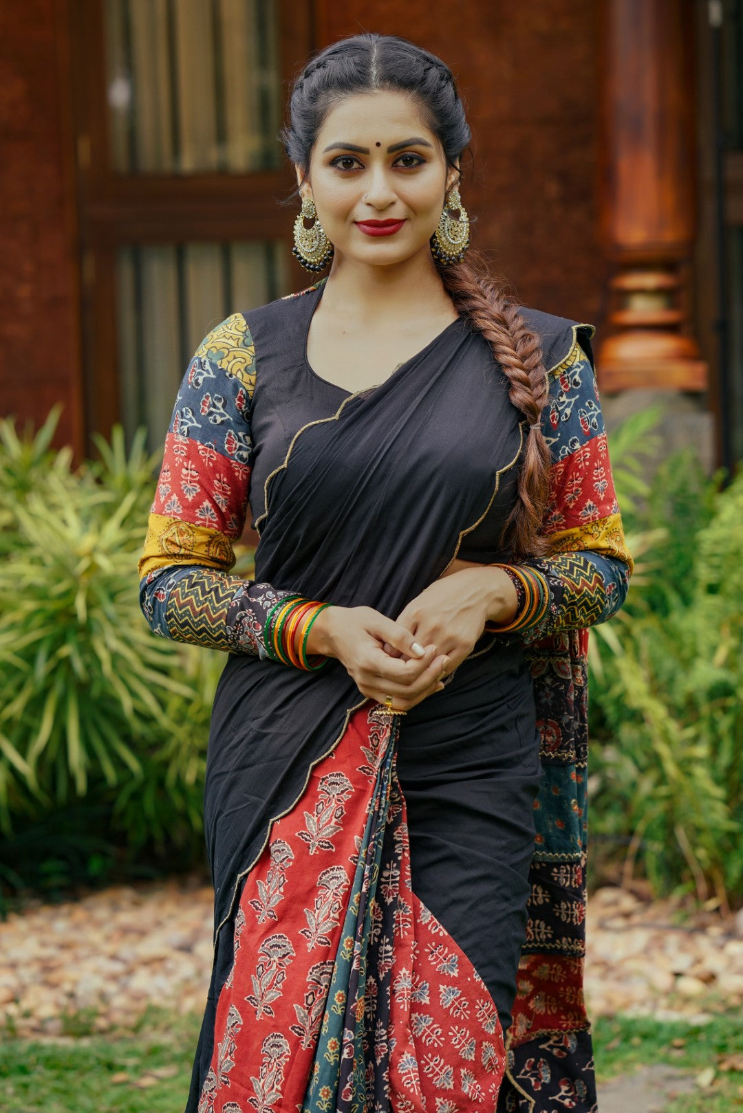Black Mulcotton Scallope Saree with Multi Patch Pleates