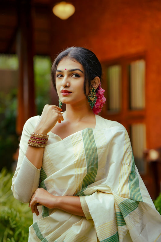 Kerala Handloom Saree Multiple Sage Green & Golden Stripe