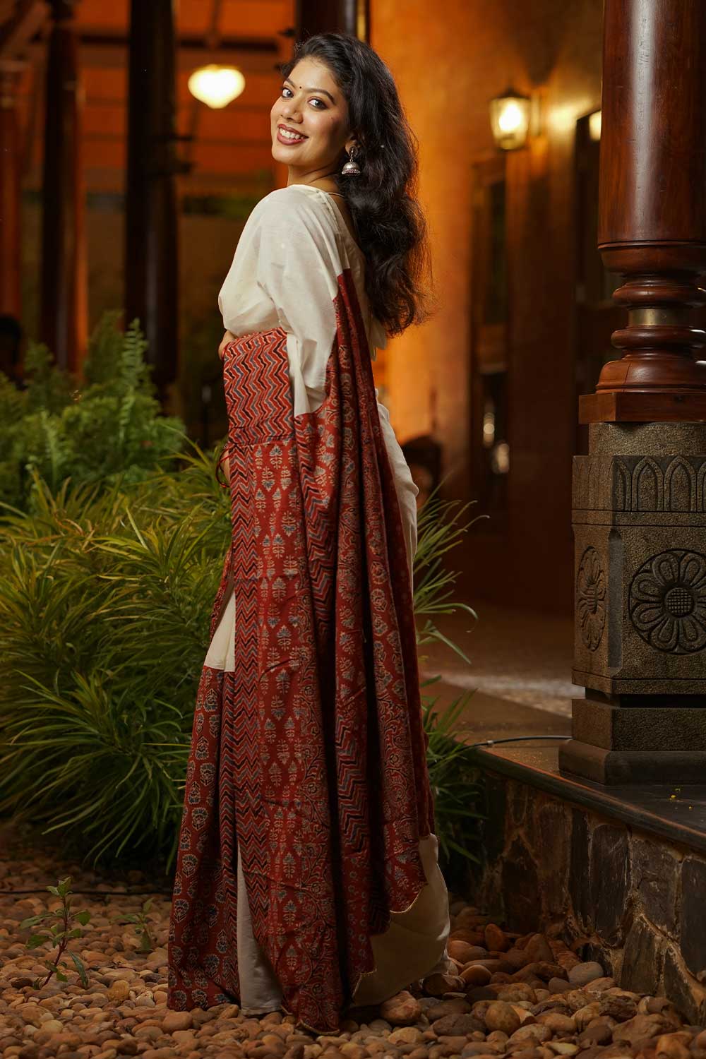 Off White & Red Multi Ajrakh Patch Saree