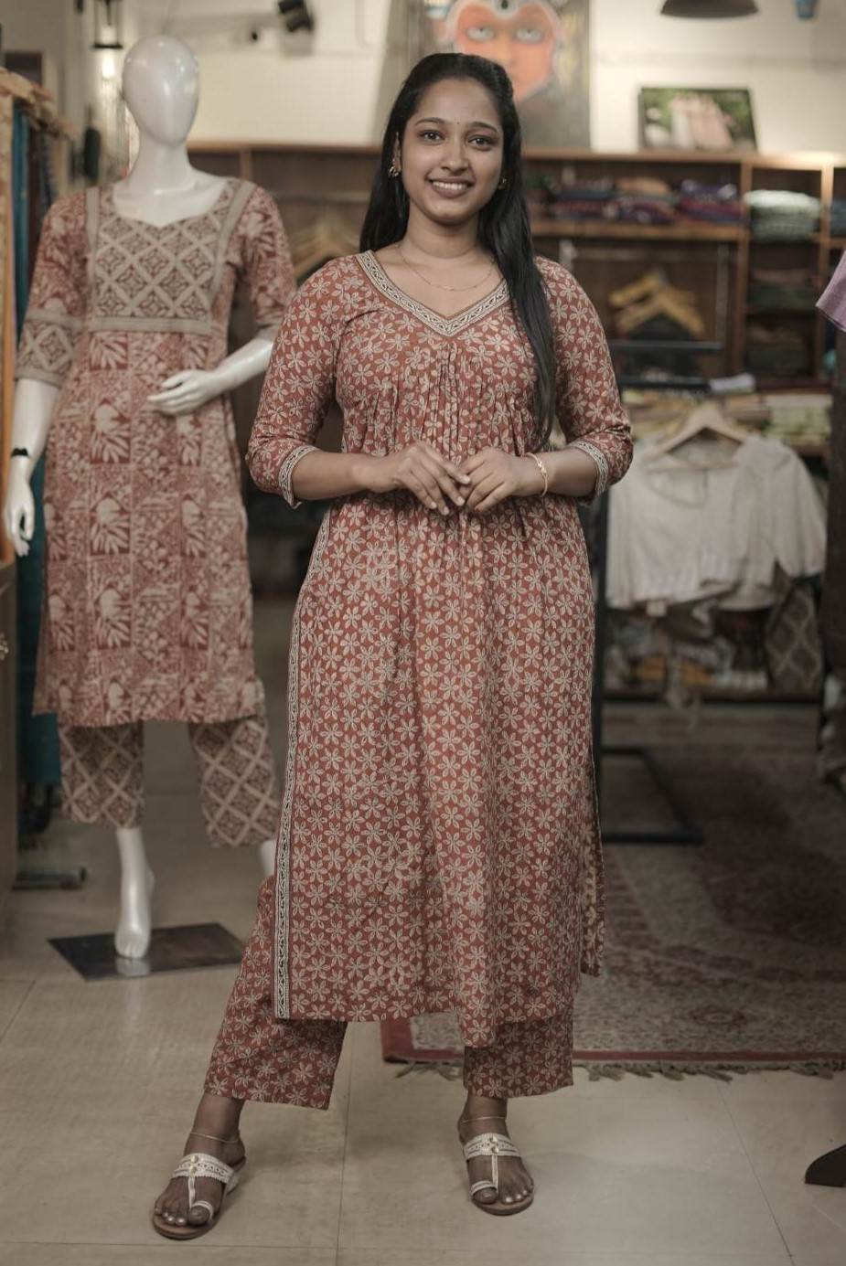 Red Bagru Printed Slitted Alia Cut Co ordset