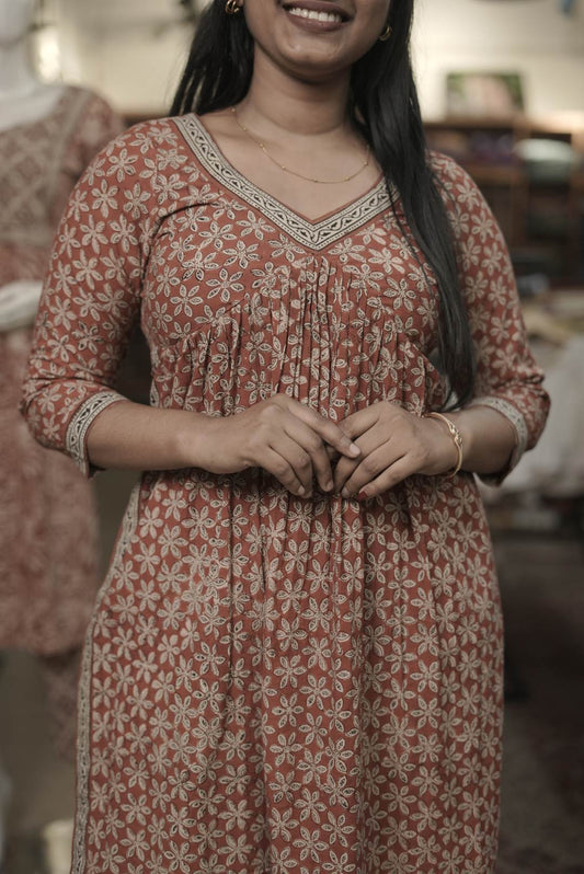 Red Bagru Printed Slitted Alia Cut Co ordset