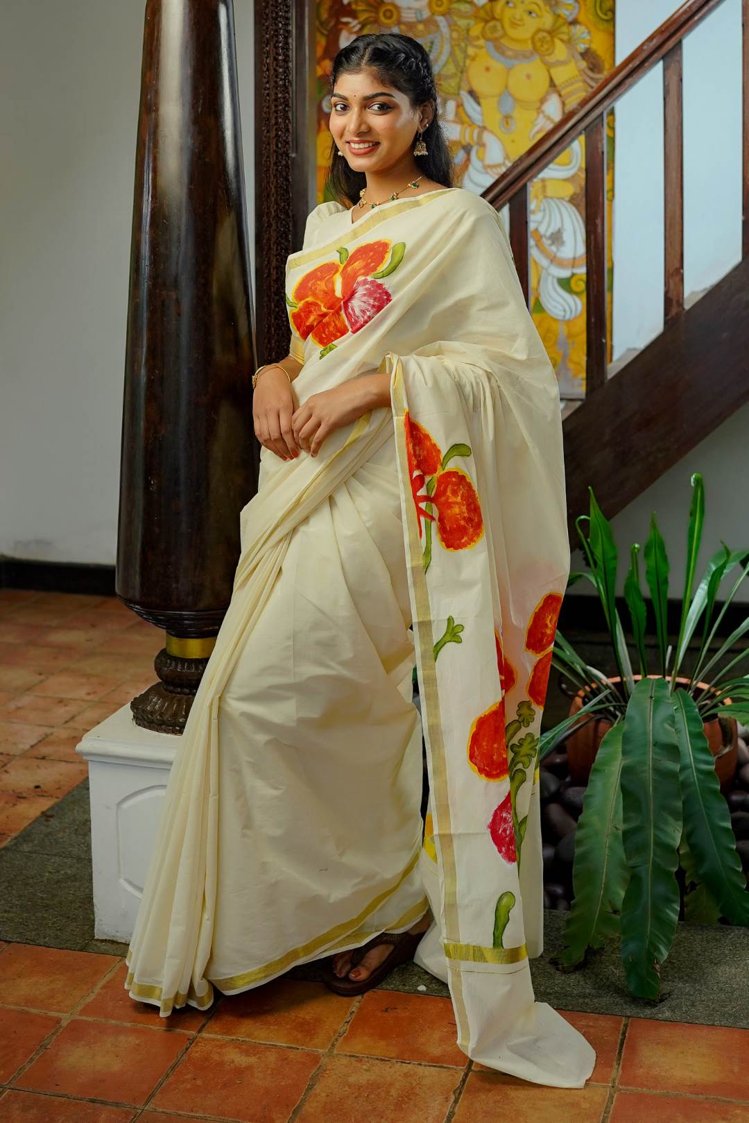 Gulmohar Handpainted Golden Border Saree