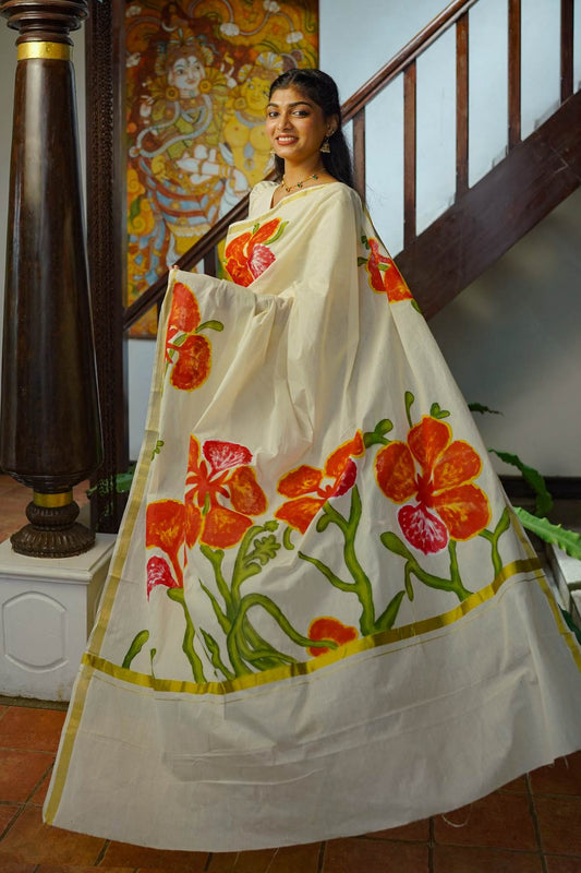 Gulmohar Handpainted Golden Border Saree