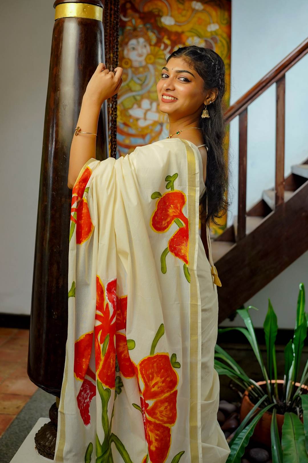 Gulmohar Handpainted Golden Border Saree