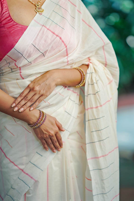 Kerala Handloom Saree with 3 Inch Pink Border