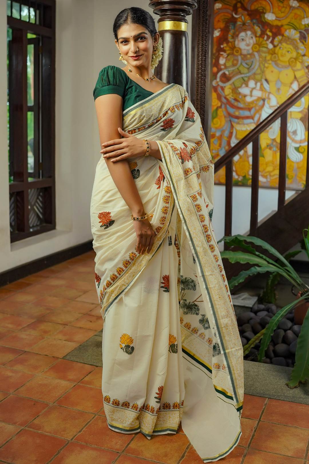 Lotus Hand Block Printed Kerala Saree