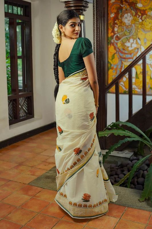 Lotus Hand Block Printed Kerala Saree