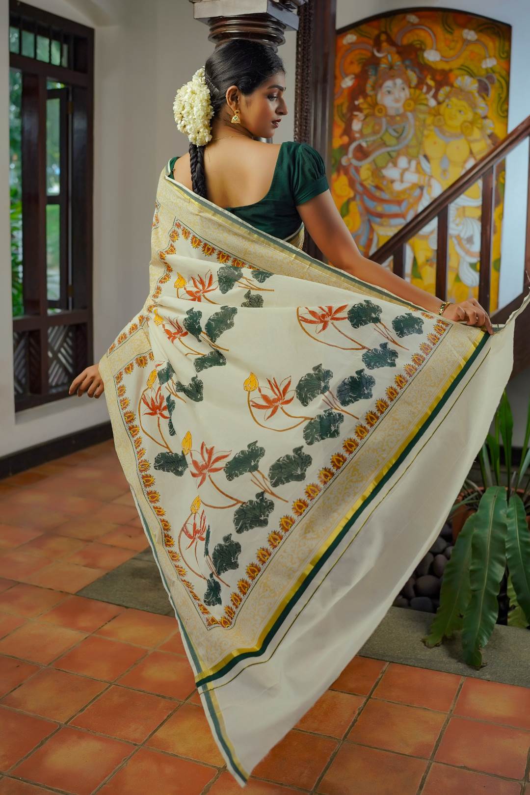 Lotus Hand Block Printed Kerala Saree