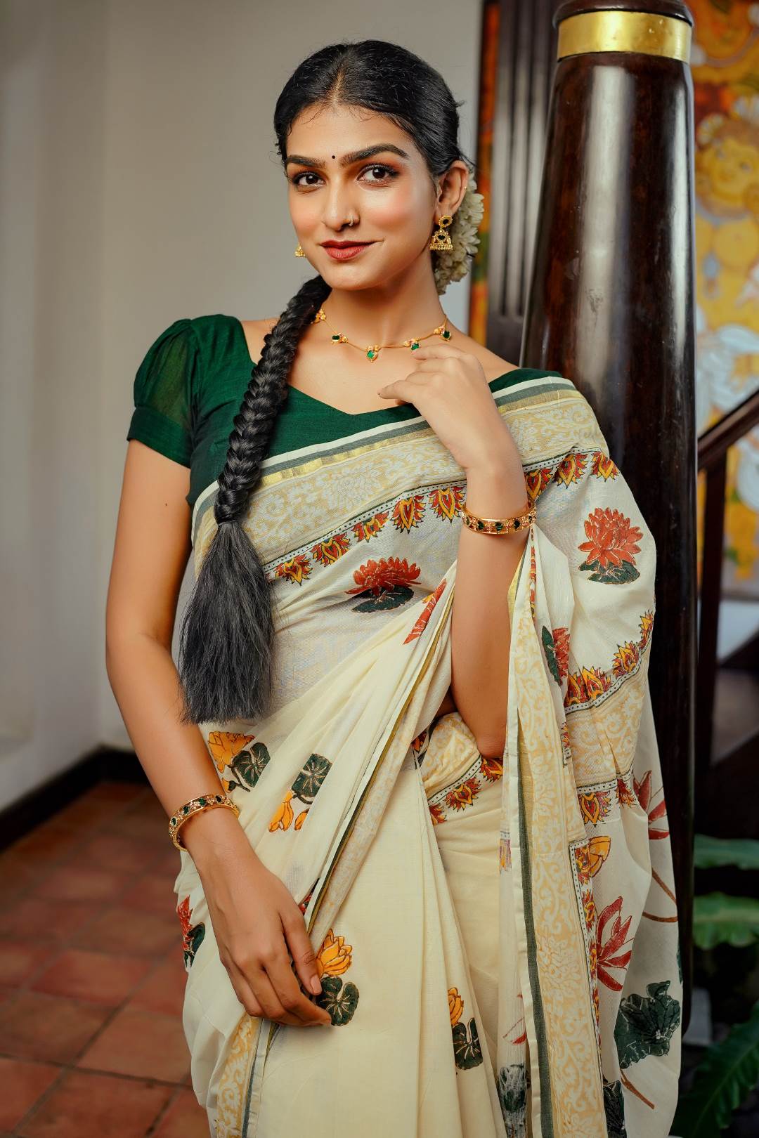 Lotus Hand Block Printed Kerala Saree