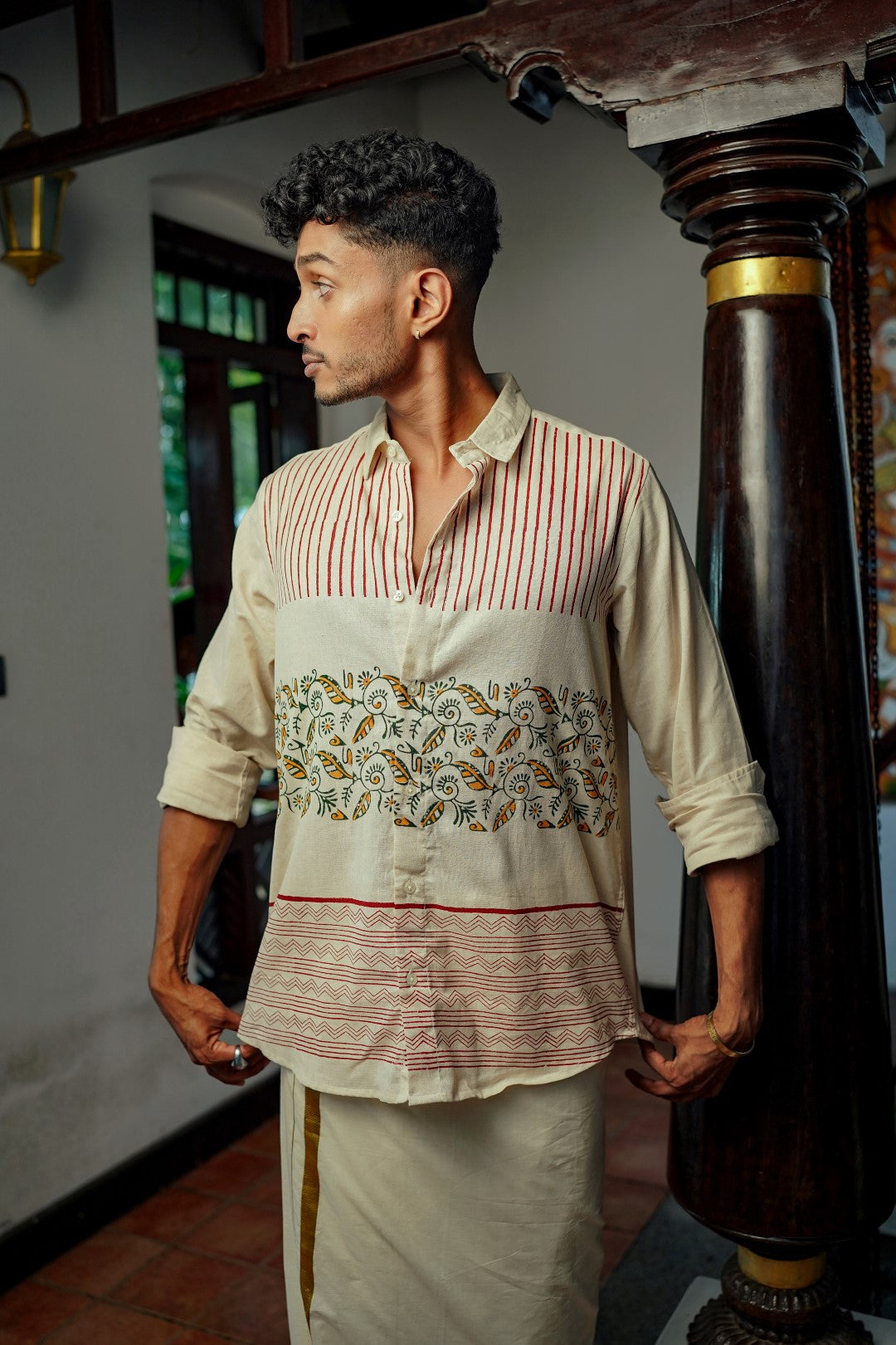Offwhite Stripe Zigzag & Leaf Block print Shirt
