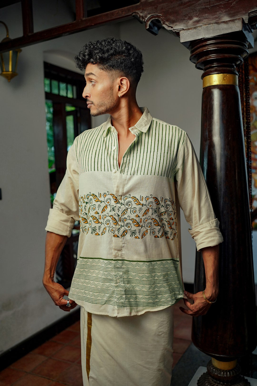 Offwhite Green Stripe Zigzag & Leaf Block print Shirt