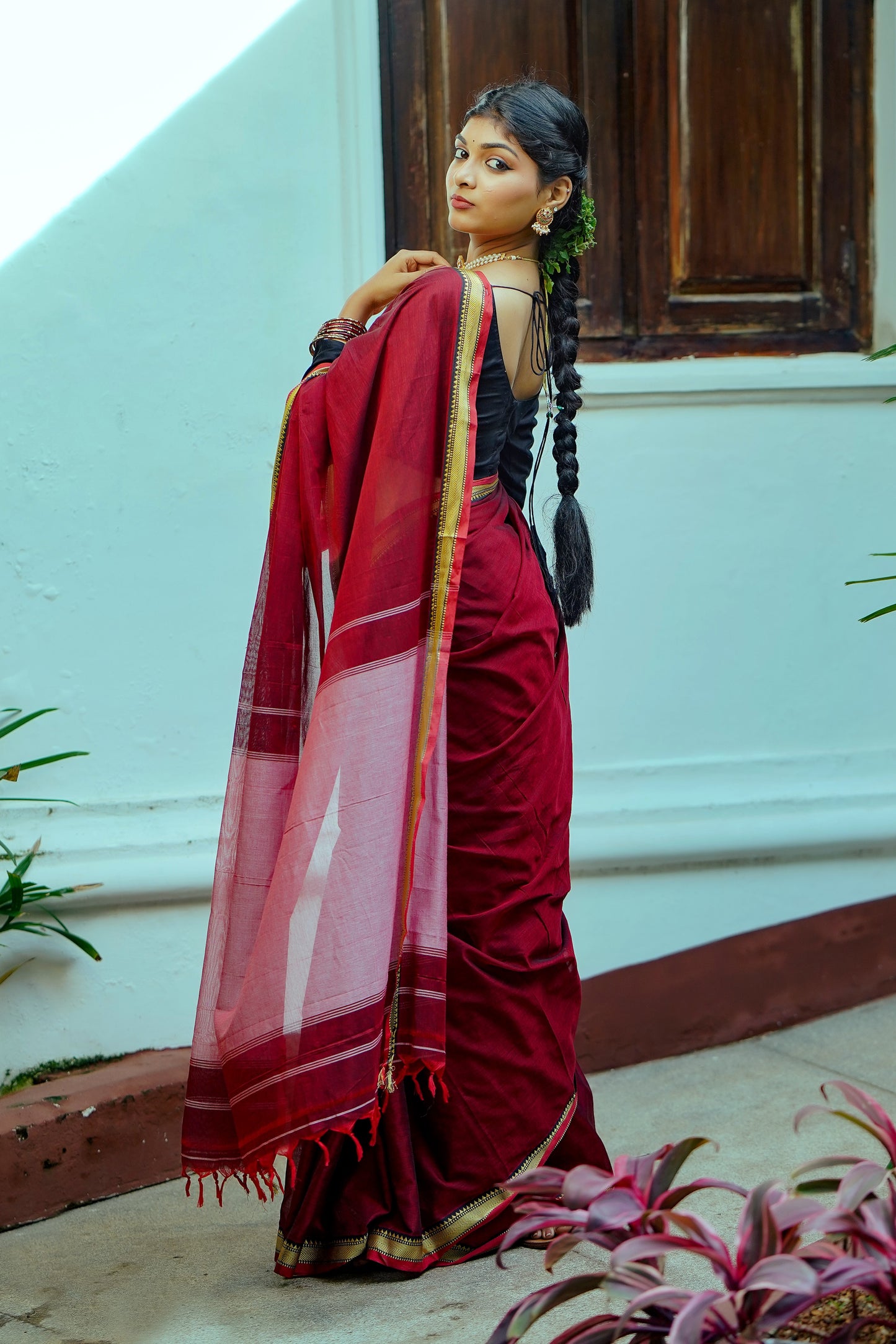 Maroon Small Border Narayanpett Saree