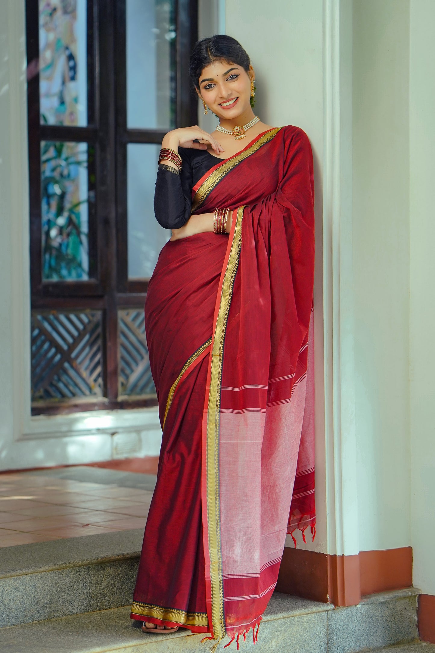 Maroon Small Border Narayanpett Saree