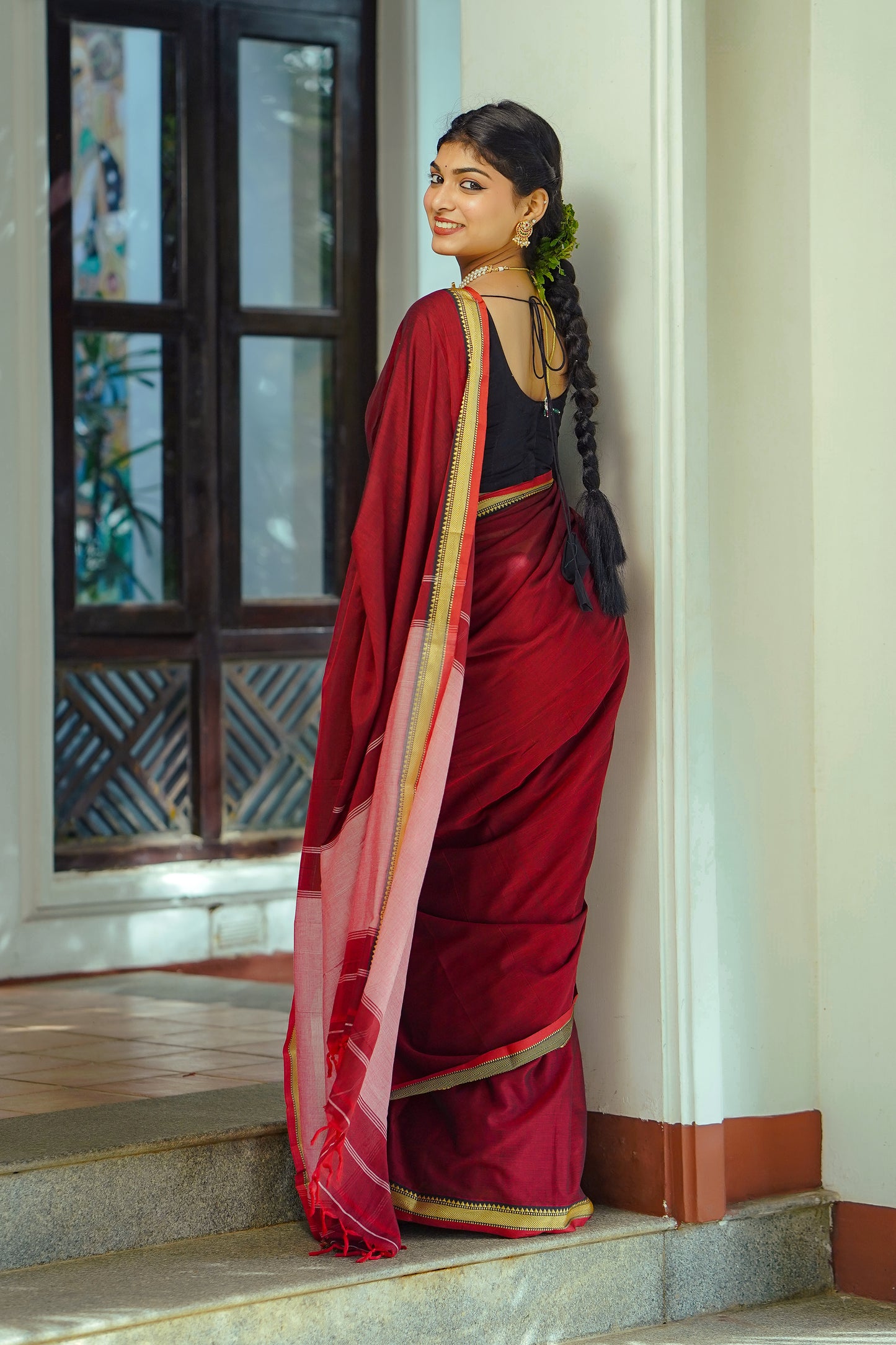 Maroon Small Border Narayanpett Saree