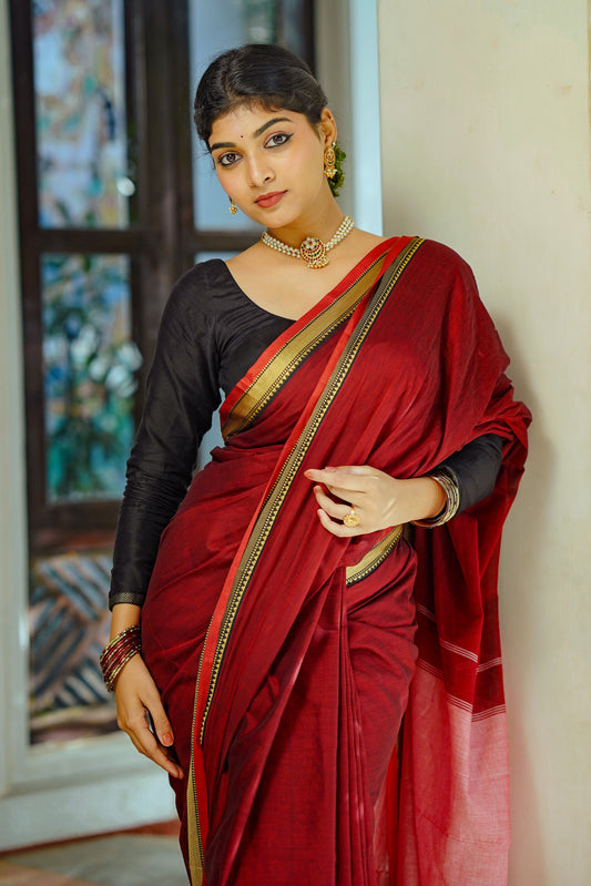 Maroon Small Border Narayanpett Saree