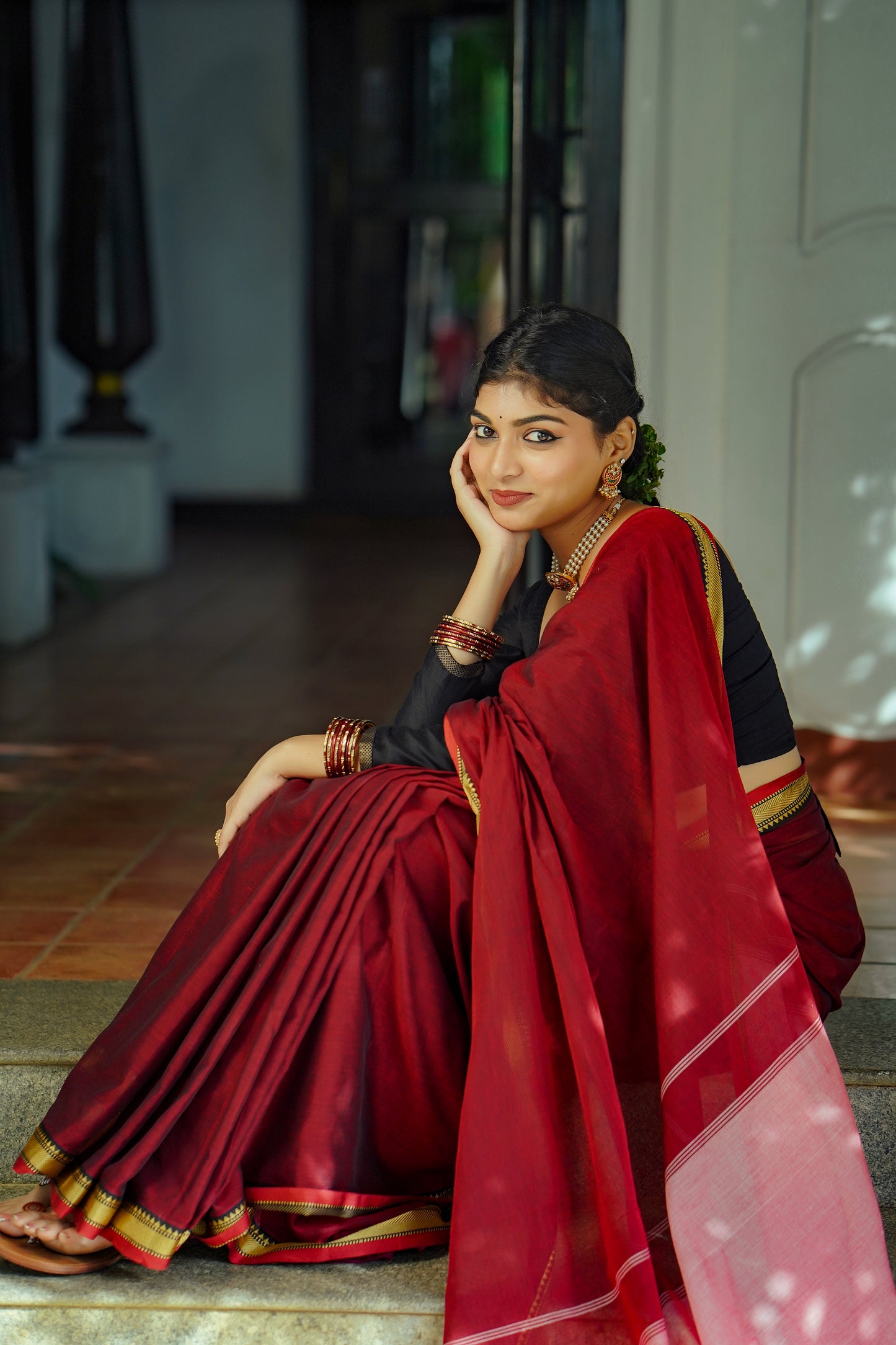 Maroon Small Border Narayanpett Saree