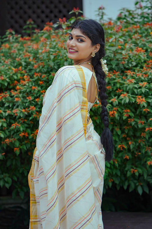 Kerala Handloom Saree with Gold Black Silver & Stripes