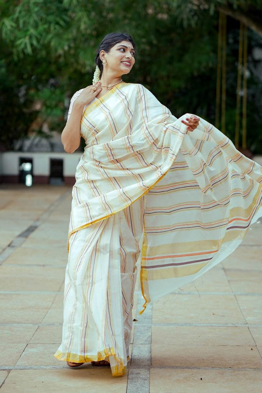 Kerala Handloom Saree with Gold Black Silver & Stripes