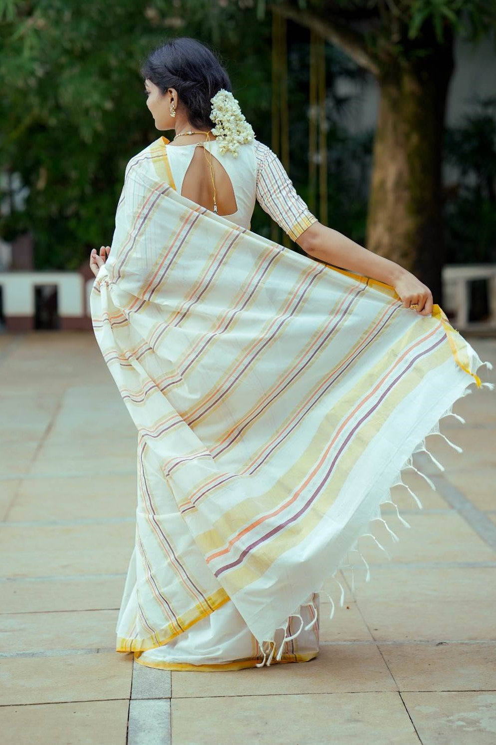 Kerala Handloom Saree with Gold Black Silver & Stripes