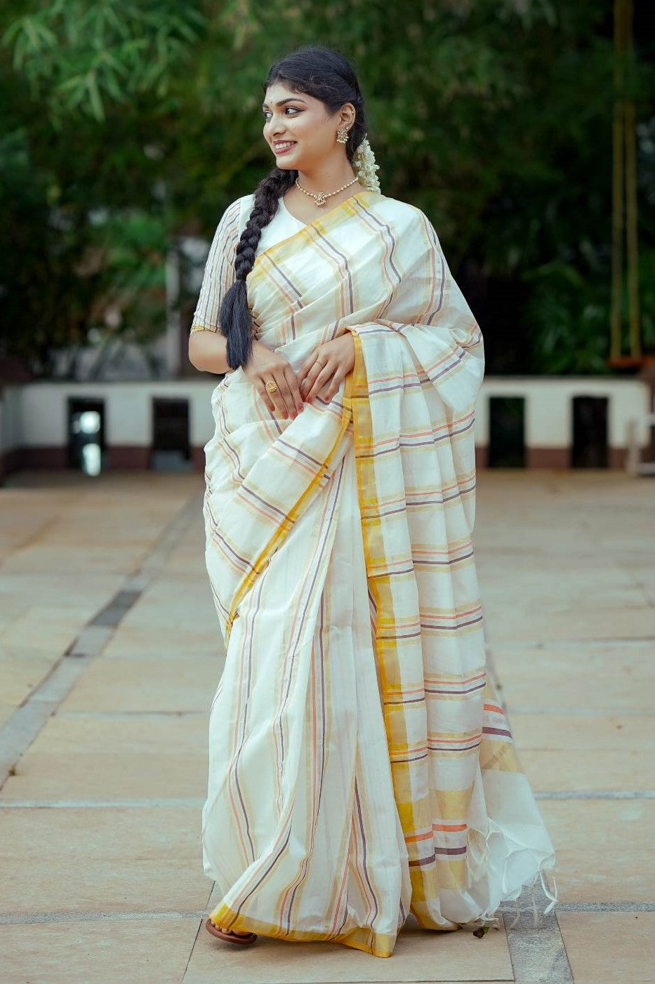 Kerala Handloom Saree with Gold Black Silver & Stripes