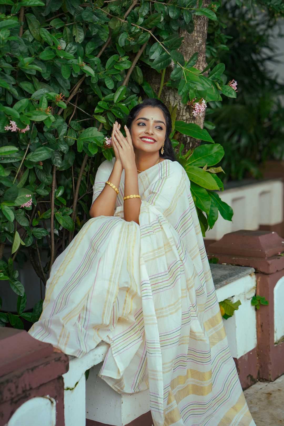Kerala Handloom Saree With Multi Colour Stripes & 2" Border