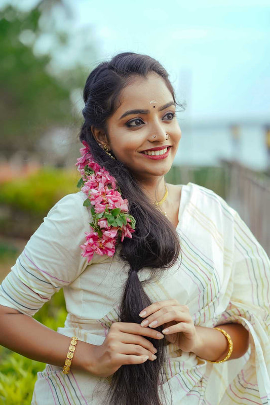 Kerala Handloom Saree With Multi Colour Stripes & 2" Border