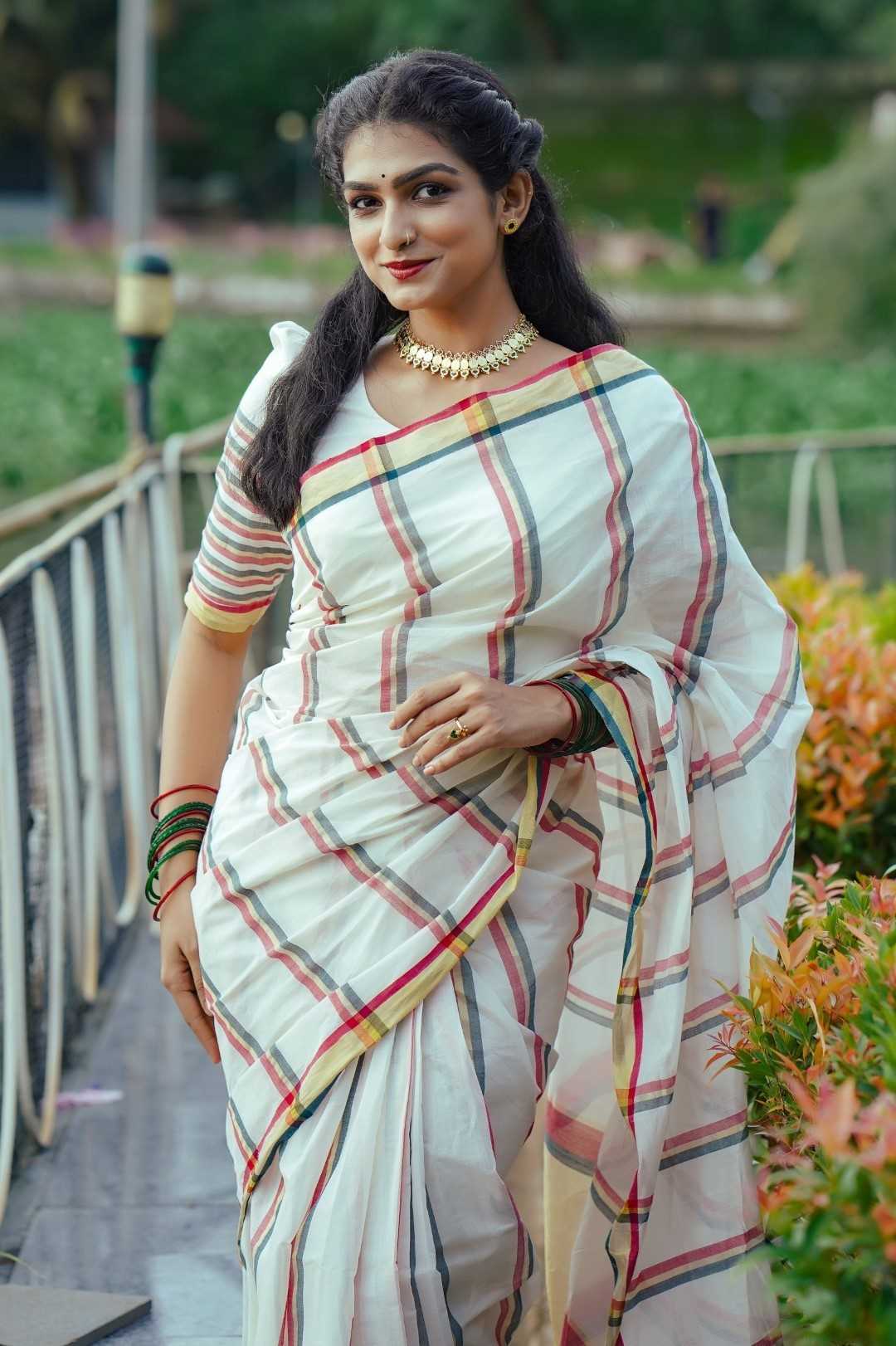 Red & Green Stripe Kerala Handloom Saree