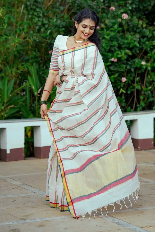 Red & Green Stripe Kerala Handloom Saree
