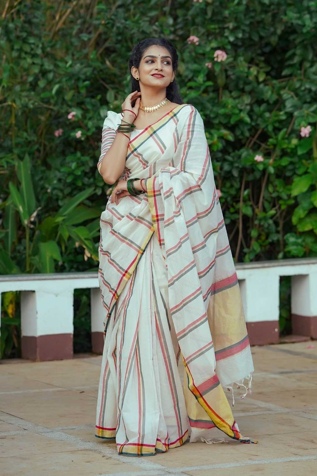 Red & Green Stripe Kerala Handloom Saree