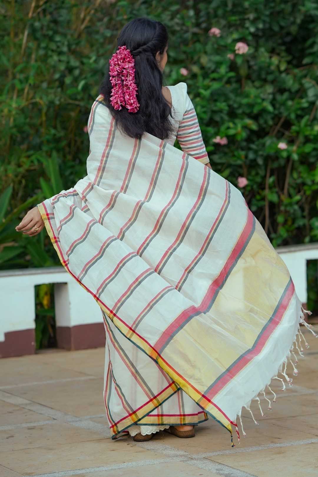 Red & Green Stripe Kerala Handloom Saree