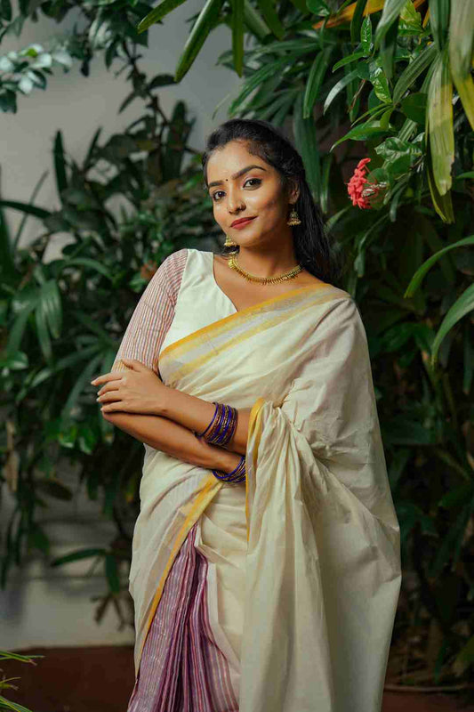 Kerela Handloom Multi Colour Thin Stripes Saree