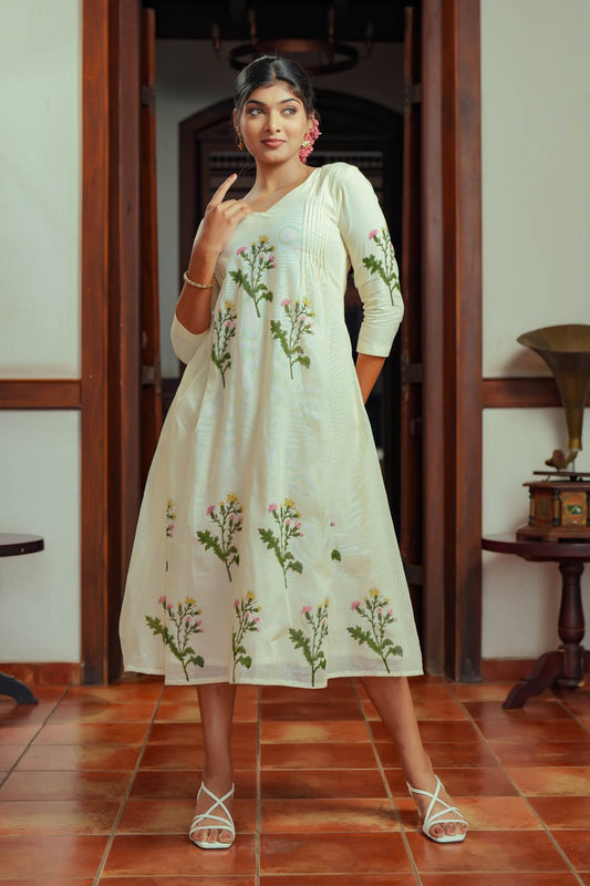 Offwhite A Line Dress Muyalcheviyan Print Pinteck Shoulder