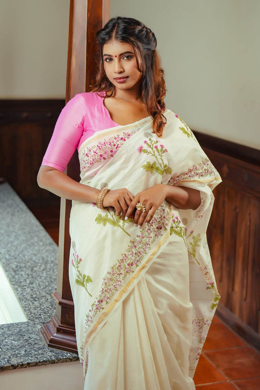 Offwhite Chandheri Striped Saree with Muyalcheviyan Handblock Print