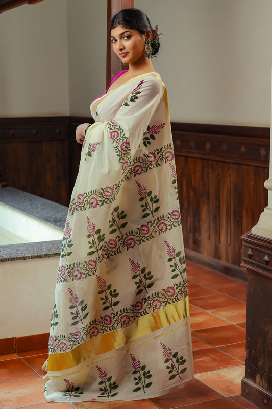 Off-white Kerala Saree with Tulsi Flower