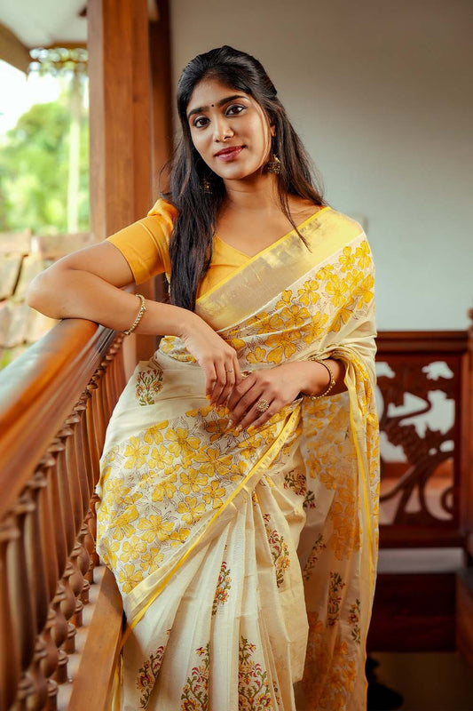 Gold Tissue Yellow Floral Print 3 Inch Saree