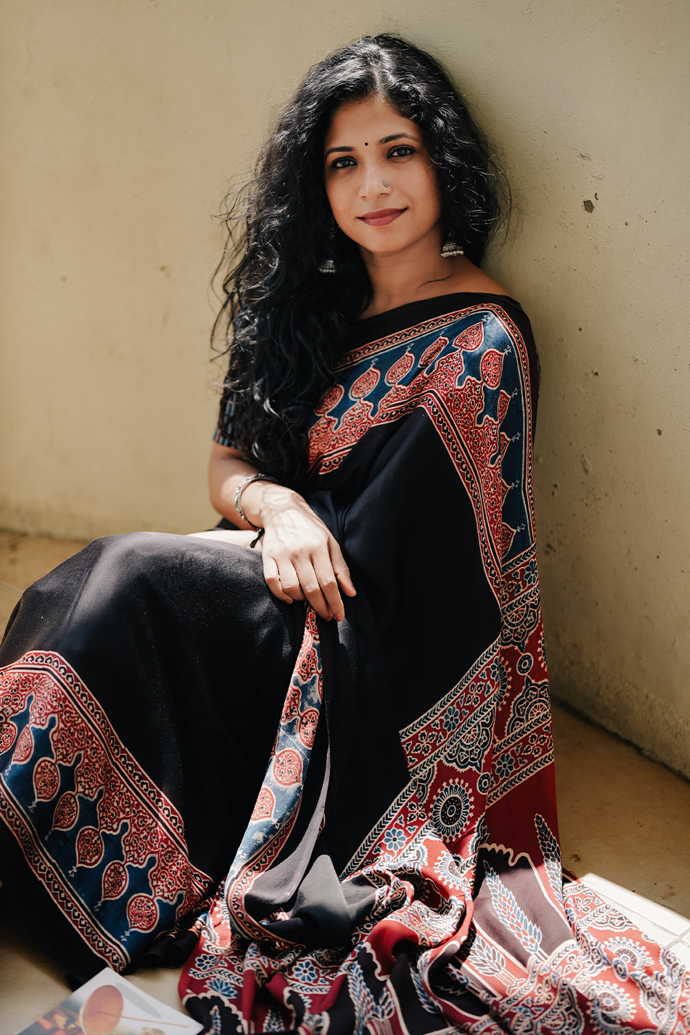 Black Plain Ajrakh Modal Saree with Blue & Red Boarder and Pallu