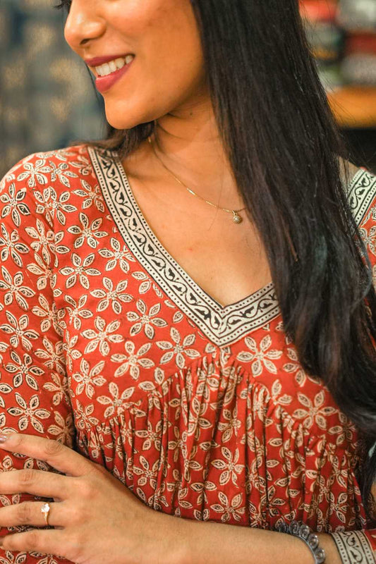 Red Bagru Printed Slitted Alia Cut Co ordset