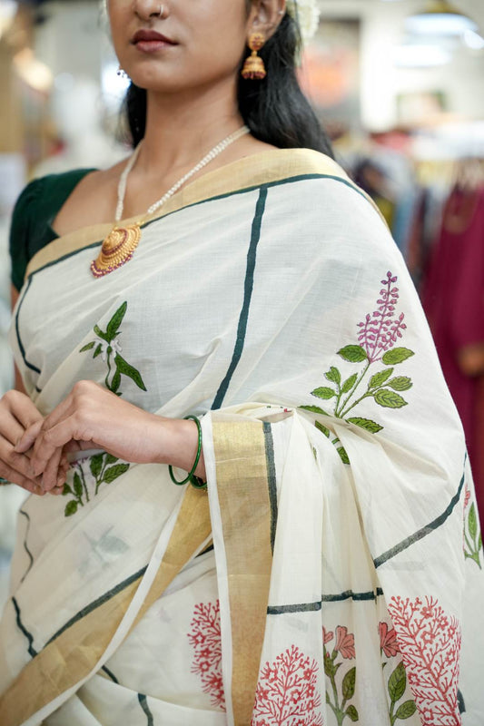 Offwhite Saree with Block Printed Dashapushppam