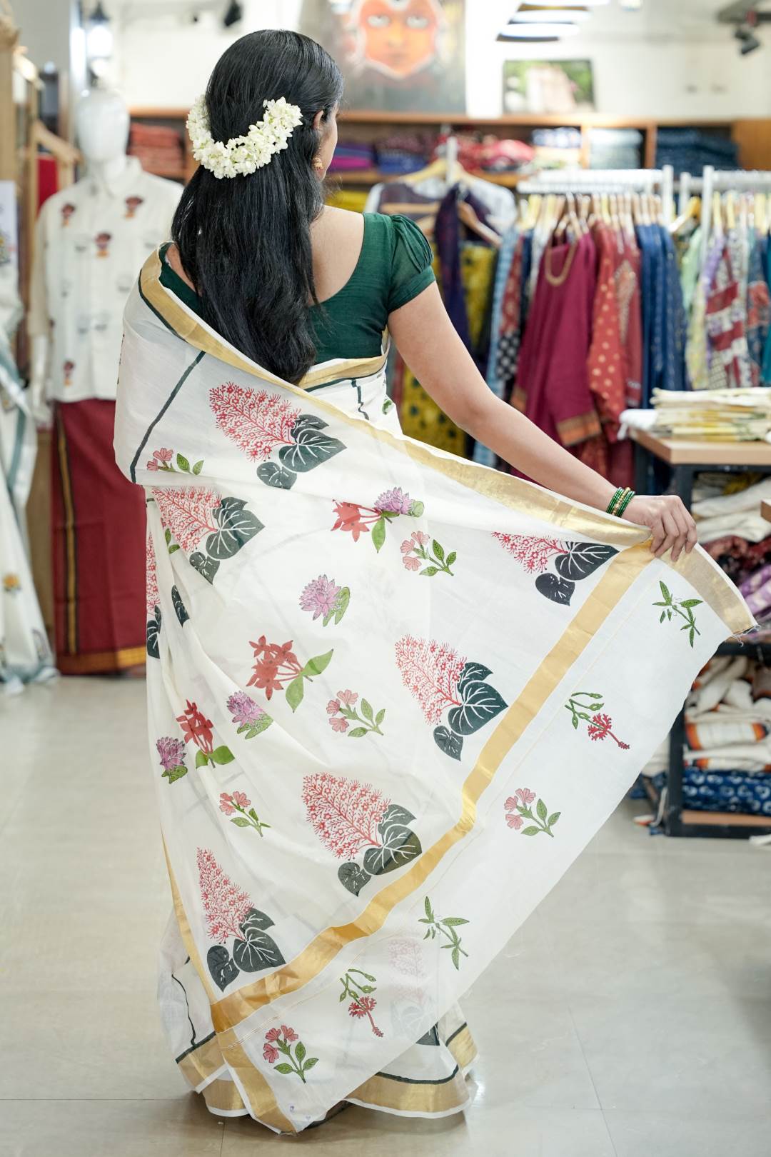 Chanderi Saree with Handblocked Krishnakireedam
