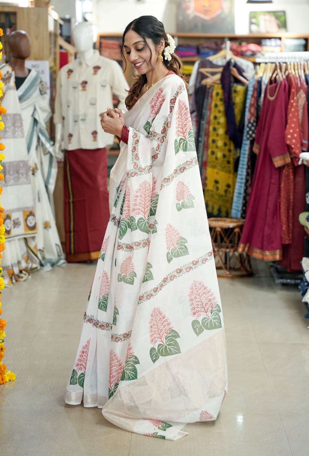 Chanderi Saree with Handblocked Krishnakireedam