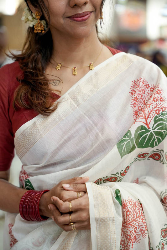 Chanderi Saree with Handblocked Krishnakireedam